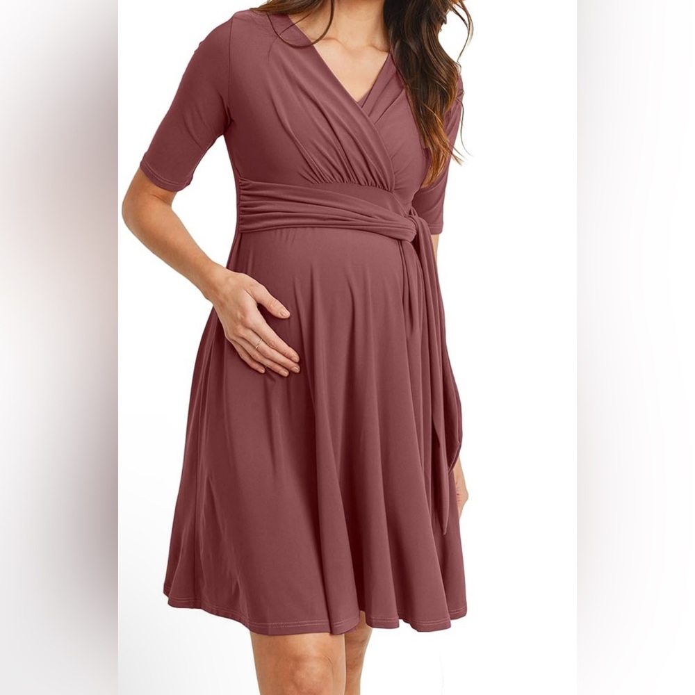 HELLO MIZ Women's Maternity Dress V-Neck Short Sleeve for Baby Shower SMALL